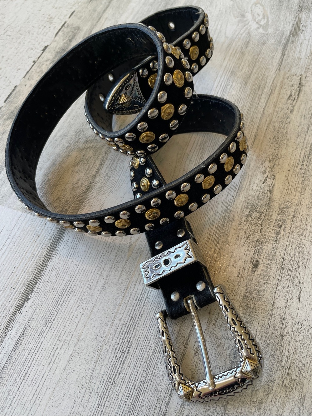 Vintage Black Belt Leather with Gold and Silver Studs Western Cowgirl EUC - Picture 2 of 9
